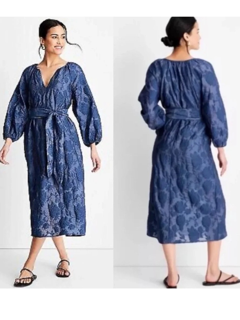 Future Collective w/Jenny Lopez Blue Jacquard Puff Sleeve Belted Midi Dress szS